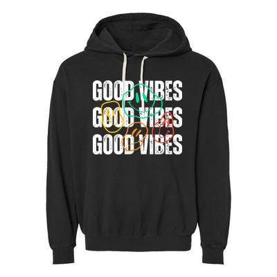 Good Vibes Smiley Retro Vintage Garment-Dyed Fleece Hoodie