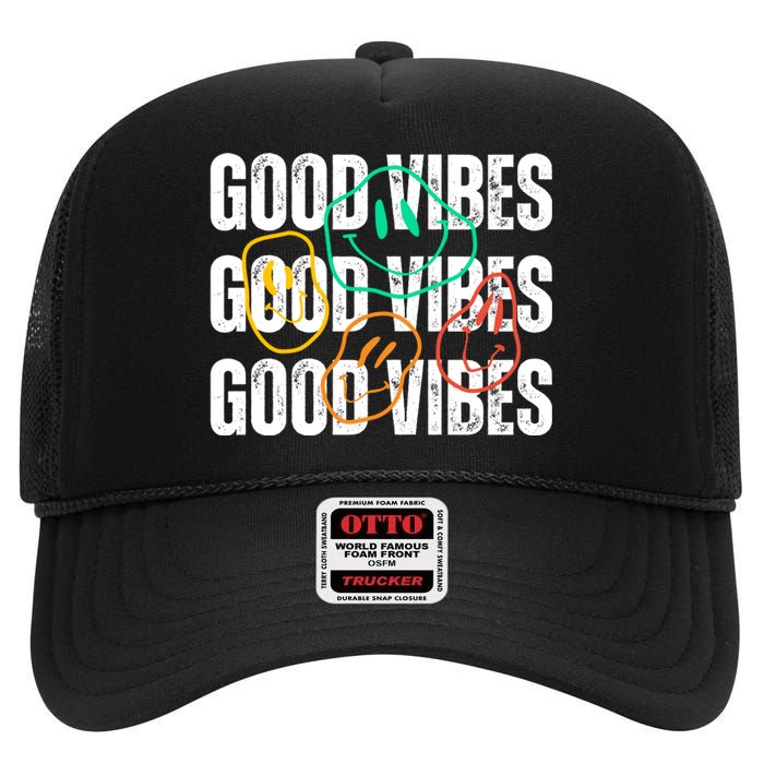 Good Vibes Smiley Retro Vintage High Crown Mesh Back Trucker Hat