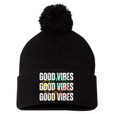 Good Vibes Smiley Retro Vintage Pom Pom 12in Knit Beanie