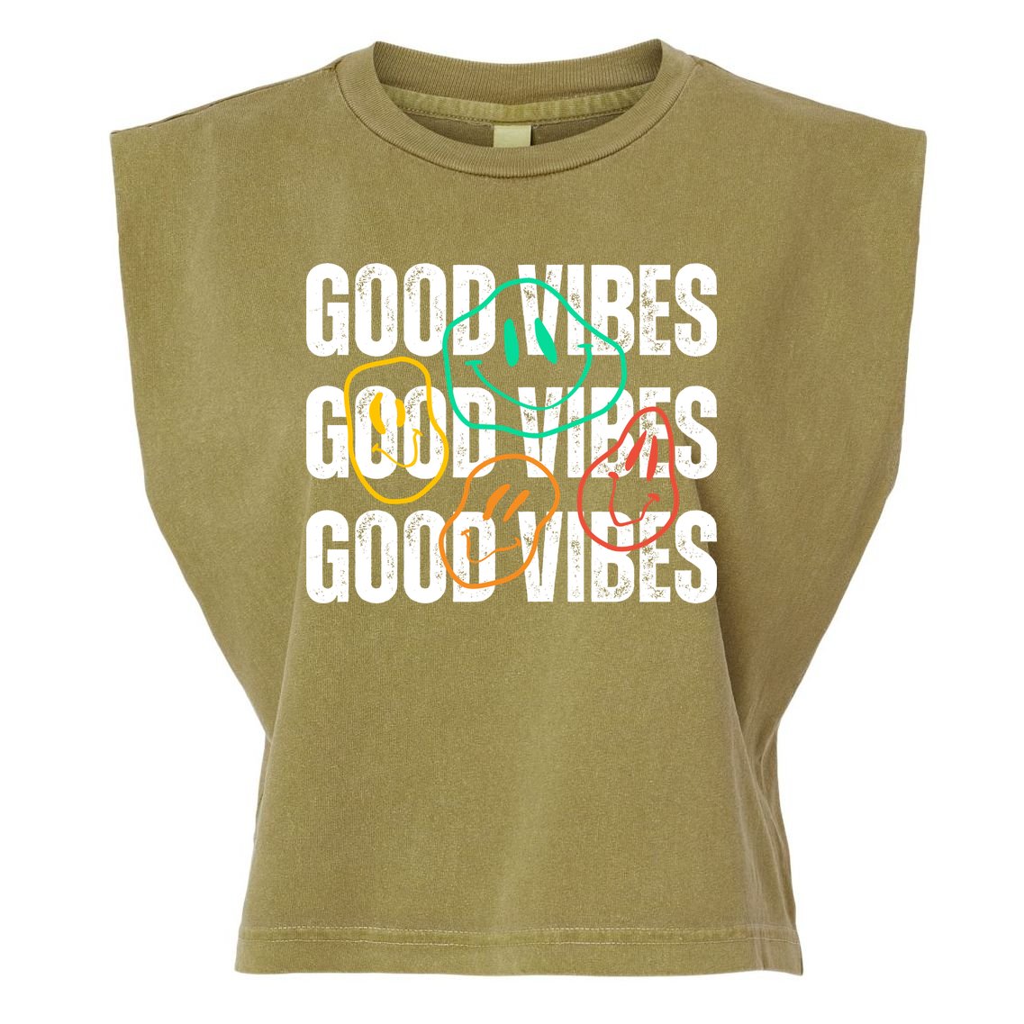 Good Vibes Smiley Retro Vintage Garment-Dyed Women's Muscle Tee