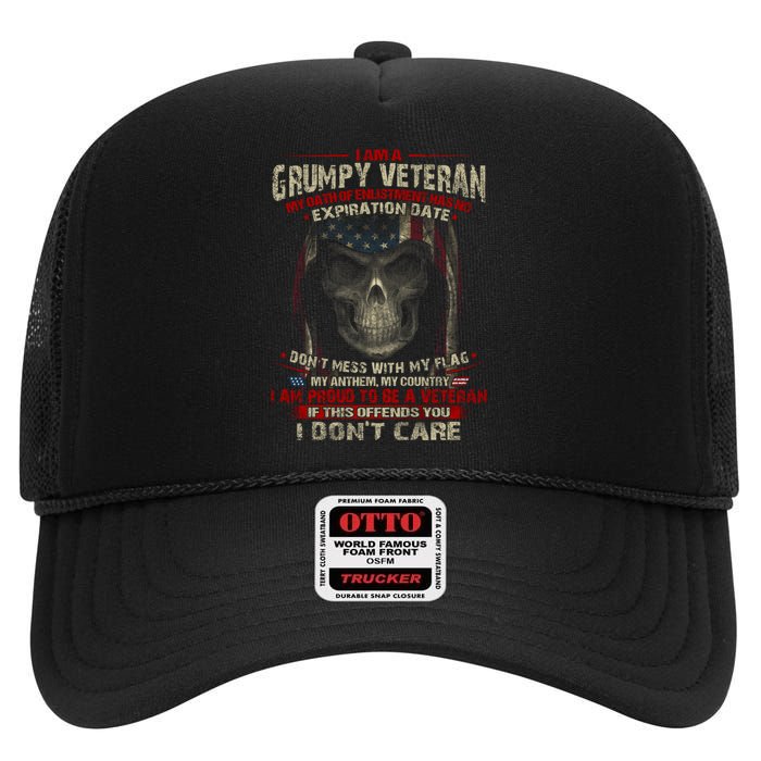 Grumpy Veteran USA Flag High Crown Mesh Back Trucker Hat