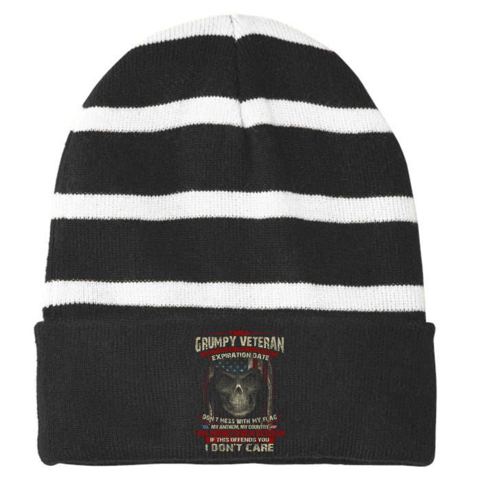 Grumpy Veteran USA Flag Striped Beanie with Solid Band