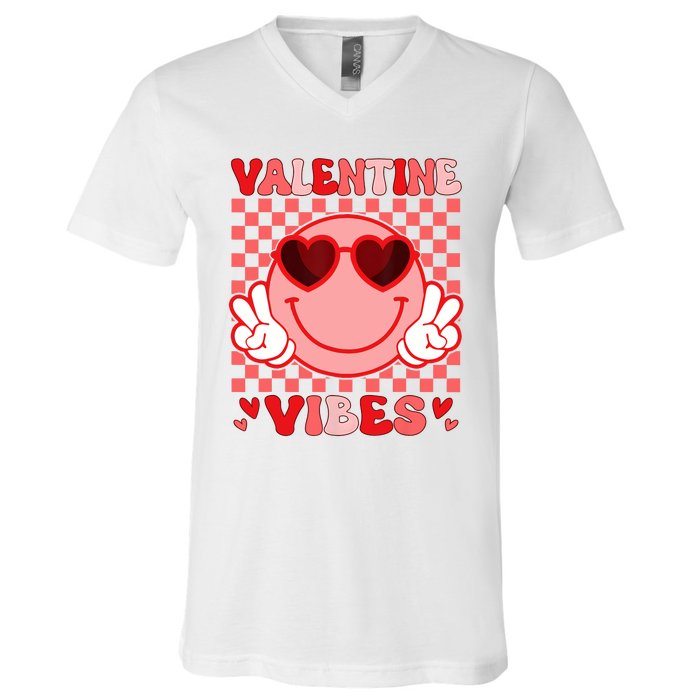 Groovy Valentine Vibes Valentines Day V-Neck T-Shirt