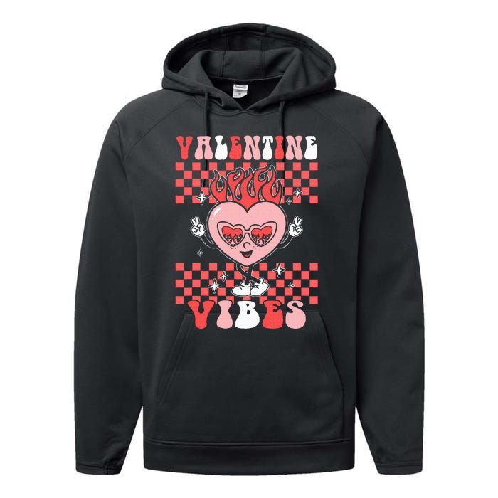 Groovy Valentine Vibes Valentines Day Retro Gift Performance Fleece Hoodie