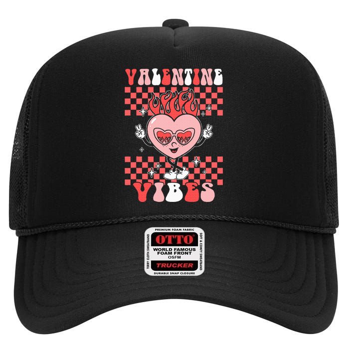 Groovy Valentine Vibes Valentines Day Retro Gift High Crown Mesh Back Trucker Hat