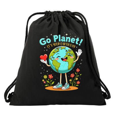 Globe With A Smiling Face Go Planet Its Your Earth Day Drawstring Bag