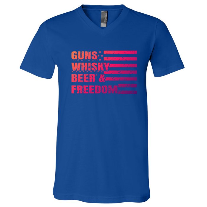 Gun Whisky Beer And Freedom American Flag Cool Gift For Guys Gift V-Neck T-Shirt