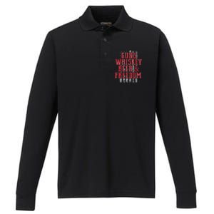 Guns Whiskey Beer And Freedom Veteran US Flag 4th Of July Performance Long Sleeve Polo