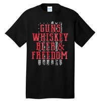 Guns Whiskey Beer And Freedom Veteran US Flag 4th Of July Tall T-Shirt