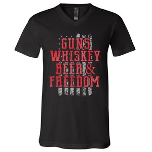 Guns Whiskey Beer And Freedom Veteran US Flag 4th Of July V-Neck T-Shirt