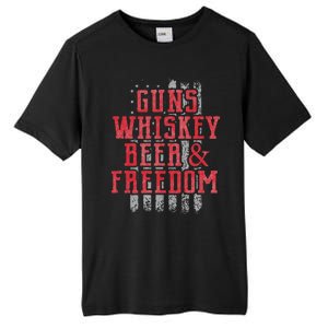 Guns Whiskey Beer And Freedom Veteran US Flag 4th Of July Tall Fusion ChromaSoft Performance T-Shirt