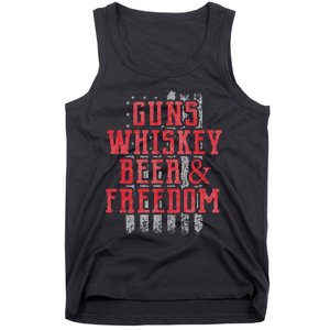 Guns Whiskey Beer And Freedom Veteran US Flag 4th Of July Tank Top