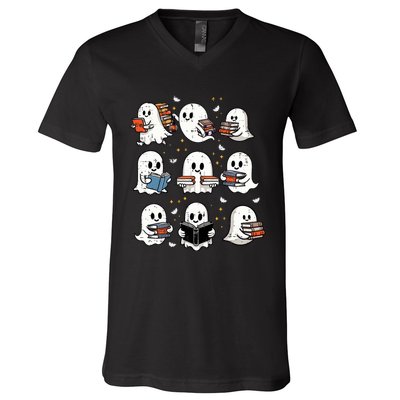 Ghosts With Books Library Halloweenteacher V-Neck T-Shirt