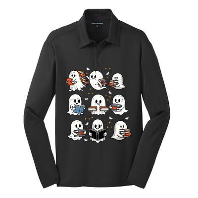 Ghosts With Books Library Halloweenteacher Silk Touch Performance Long Sleeve Polo