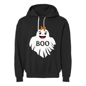 Ghost with Bow Boo Girl Halloween Costume Funny Garment-Dyed Fleece Hoodie