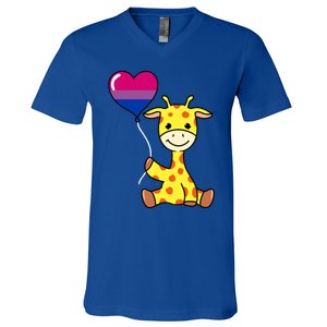 Giraffe With Bisexual Pride Balloon Gift V-Neck T-Shirt