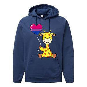 Giraffe With Bisexual Pride Balloon Gift Performance Fleece Hoodie