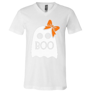 ghost with bow boo halloween costume V-Neck T-Shirt