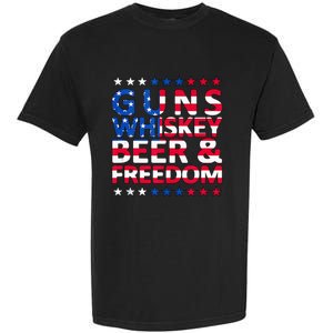 Guns Whiskey Beer And Freedom Veteran US Flag 4th Of July Garment-Dyed Heavyweight T-Shirt