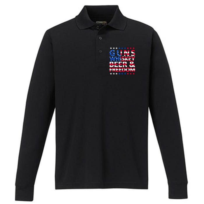 Guns Whiskey Beer And Freedom Veteran US Flag 4th Of July Performance Long Sleeve Polo