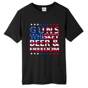 Guns Whiskey Beer And Freedom Veteran US Flag 4th Of July Tall Fusion ChromaSoft Performance T-Shirt