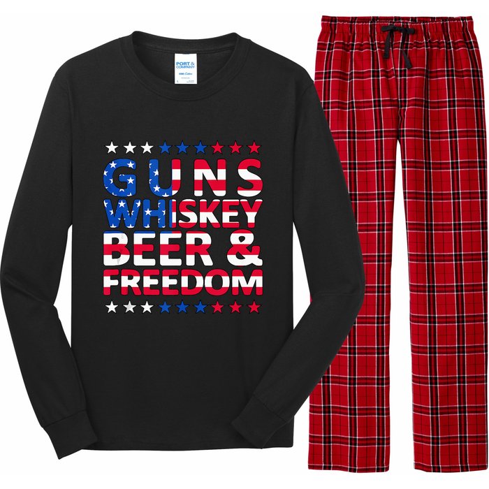 Guns Whiskey Beer And Freedom Veteran US Flag 4th Of July Long Sleeve Pajama Set