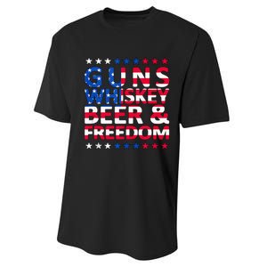 Guns Whiskey Beer And Freedom Veteran US Flag 4th Of July Performance Sprint T-Shirt