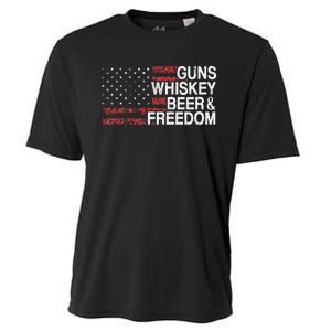 Guns Whiskey Beer And Freedom Veteran US Flag 4th Of July Cooling Performance Crew T-Shirt