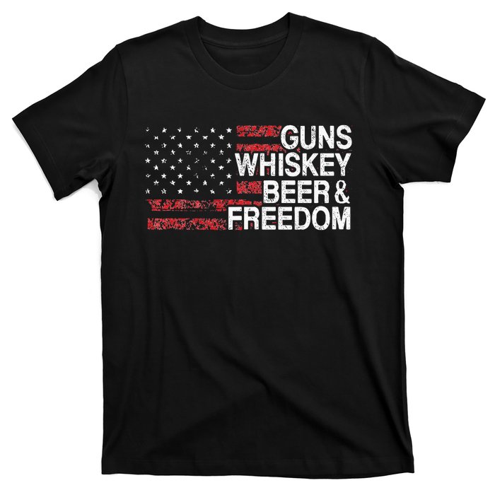 Guns Whiskey Beer And Freedom Veteran US Flag 4th Of July T-Shirt