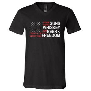 Guns Whiskey Beer And Freedom Veteran US Flag 4th Of July V-Neck T-Shirt