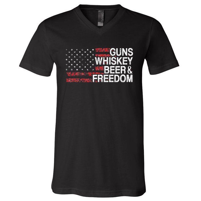 Guns Whiskey Beer And Freedom Veteran US Flag 4th Of July V-Neck T-Shirt