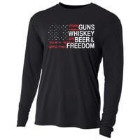 Guns Whiskey Beer And Freedom Veteran US Flag 4th Of July Cooling Performance Long Sleeve Crew