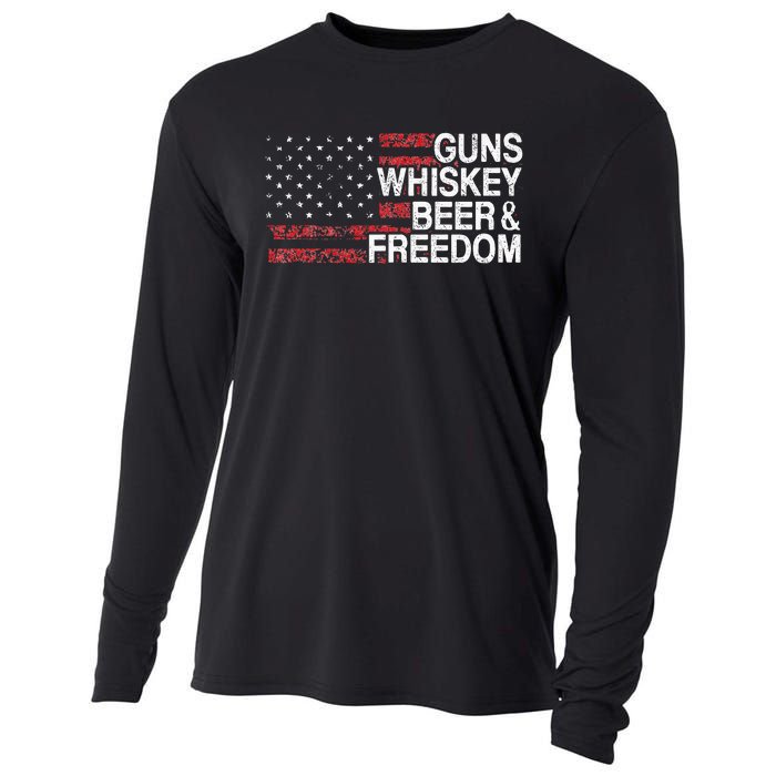 Guns Whiskey Beer And Freedom Veteran US Flag 4th Of July Cooling Performance Long Sleeve Crew