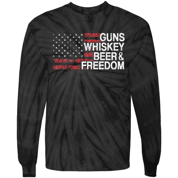 Guns Whiskey Beer And Freedom Veteran US Flag 4th Of July Tie-Dye Long Sleeve Shirt