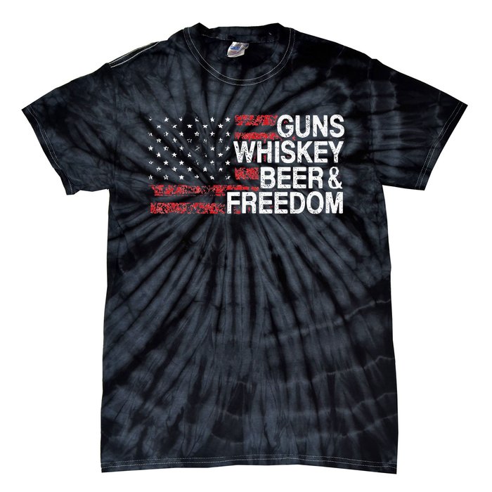 Guns Whiskey Beer And Freedom Veteran US Flag 4th Of July Tie-Dye T-Shirt