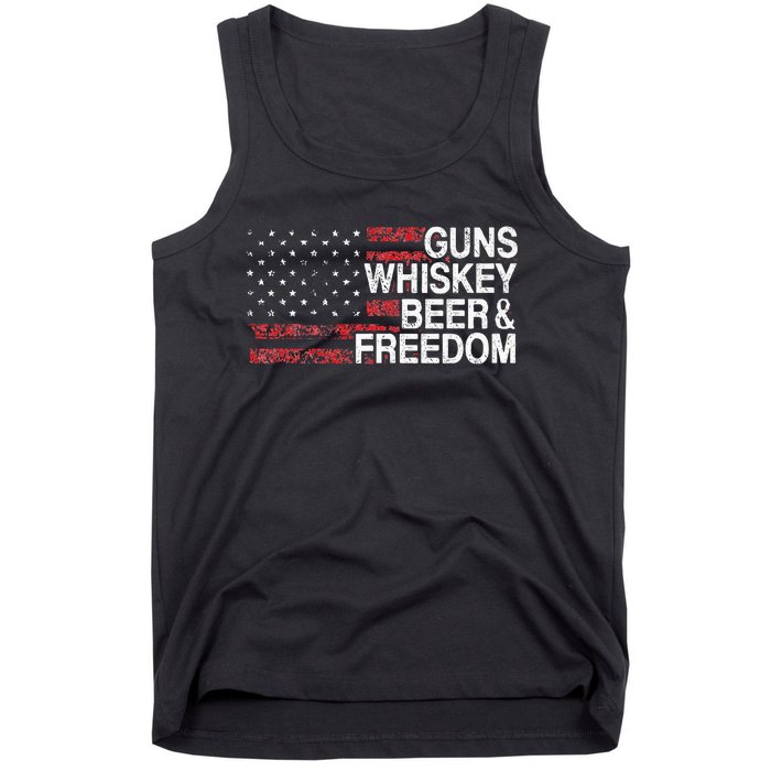 Guns Whiskey Beer And Freedom Veteran US Flag 4th Of July Tank Top