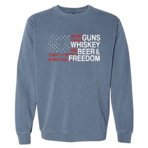 Guns Whiskey Beer And Freedom Veteran US Flag 4th Of July Garment-Dyed Sweatshirt