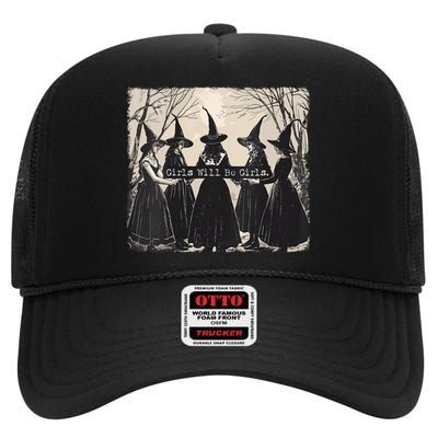 Girl Will Be Girl Witch Halloween Funny Witchy Vibes Women High Crown Mesh Back Trucker Hat