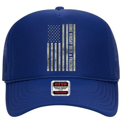 Gun Whisky Beer And Freedom American Flag Funny Vintage Retro Meaningful Gift High Crown Mesh Back Trucker Hat