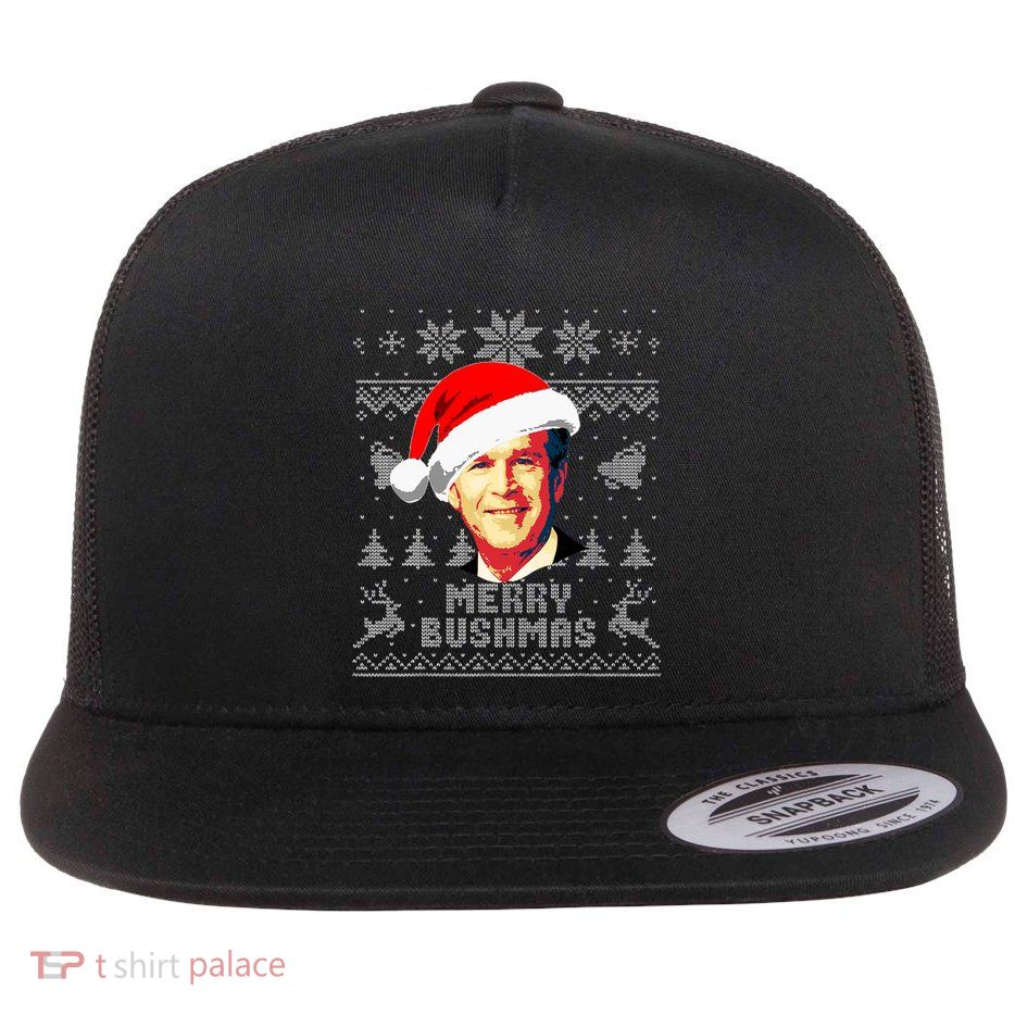 George W Bush Merry Bushmas Funny Christmas Flat Bill Trucker Hat
