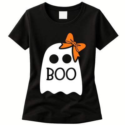 Ghost With Bow Boo Funny Halloween Costume Womens T-Shirt