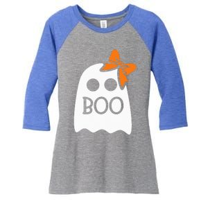 Ghost With Bow Boo Halloween Costume Women's Tri-Blend 3/4-Sleeve Raglan Shirt