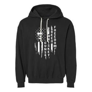 Guns Whiskey Beer & Freedom Distressed American Flag Garment-Dyed Fleece Hoodie