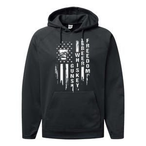 Guns Whiskey Beer & Freedom Distressed American Flag Performance Fleece Hoodie