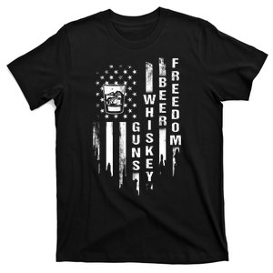 Guns Whiskey Beer & Freedom Distressed American Flag T-Shirt