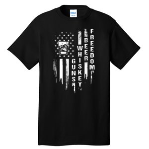 Guns Whiskey Beer & Freedom Distressed American Flag Tall T-Shirt