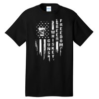 Guns Whiskey Beer & Freedom Distressed American Flag Tall T-Shirt