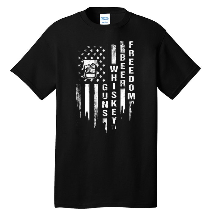 Guns Whiskey Beer & Freedom Distressed American Flag Tall T-Shirt