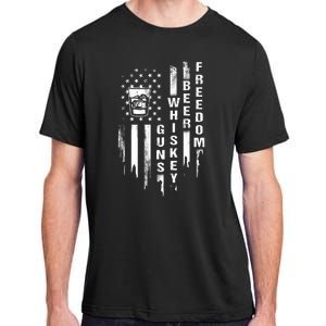 Guns Whiskey Beer & Freedom Distressed American Flag Adult ChromaSoft Performance T-Shirt