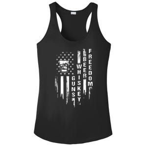 Guns Whiskey Beer & Freedom Distressed American Flag Ladies PosiCharge Competitor Racerback Tank